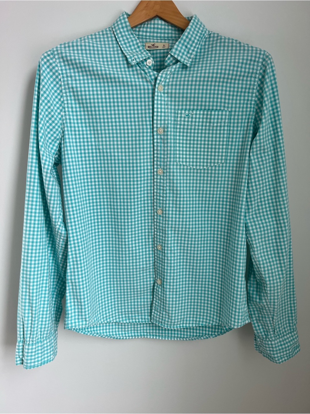 Hollister | 100% Cotton Teal Gingham Button-Down Shirt for Men Size XL